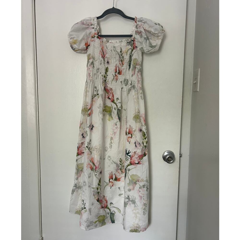 Floral Smocked-Waist Puff-Sleeve Milkmaid Midi Dress